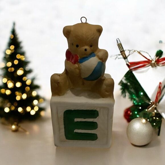 Vintage Bear On Alphabet Block Ornament - Picture 1 of 7